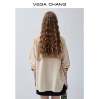 Chemise ample à rayures verticales beige pour femme VEGA CHANG, col à revers, boutonnée, manches longues, logo brodé, décontractée