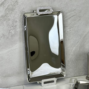 Manijas de bandeja de servicio de Metal de lujo a cuadros plateados de acero inoxidable para fiesta decoración del hogar restaurante Hotel platos - Product Image 4