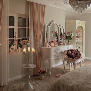 Table de maquillage en bois massif sculpté à la main, style princesse simple, avec tiroirs, pour chambre à coucher, style français crémeux - Product Image 1