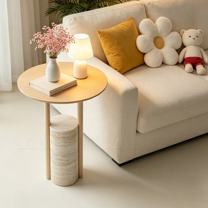 Tavolino da Caffè Minimalista Wabi-sabi per Piccoli Spazi, Realizzato in Travertino <span class=keywords><strong>Romano</strong></span> Naturale e Legno Massello, Arredamento per la Casa - Product Image 1