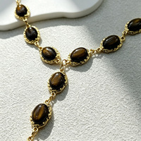 Collier pour femme de style européen et américain, vintage, en résine plastique dorée, avec pendentif ovale en pierre précieuse et chaîne en bambou, luxe léger et de niche