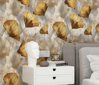 Papier peint adhésif minimaliste en feuille de ginkgo dorée, facile à appliquer pour la rénovation d'appartements locatifs