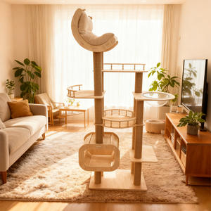 Arbre à chat en bois massif multi-niveaux avec cadre tressé, colonnes en corde de chanvre et sisal, et niche cabane intégrée - Product Image 2