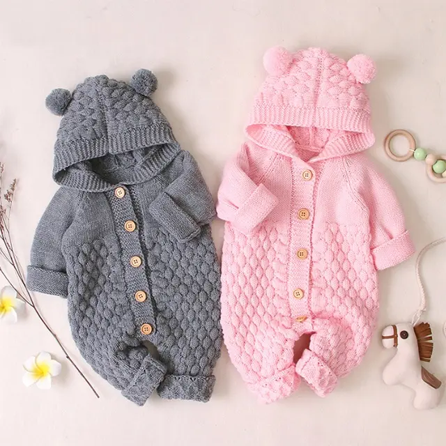 High quality baby jumpsuits children's stereoscopic fur ball hooded baby rompers knit babies clothes