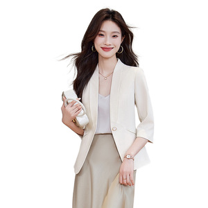 Women's Spring Single Button Slim Fit Blazer Blue Solid Color Anti Wrinkle Office Wear - Product Image 5