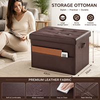 Taburete Otomano Plegable de Cuero PU Marrón con Bolsillo Lateral, Reposapiés Multiusos para Sala de Estar y Dormitorio