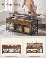 Table basse relevable avec compartiment de rangement caché et étagère inférieure, table basse en bois rustique et industriel pour salon