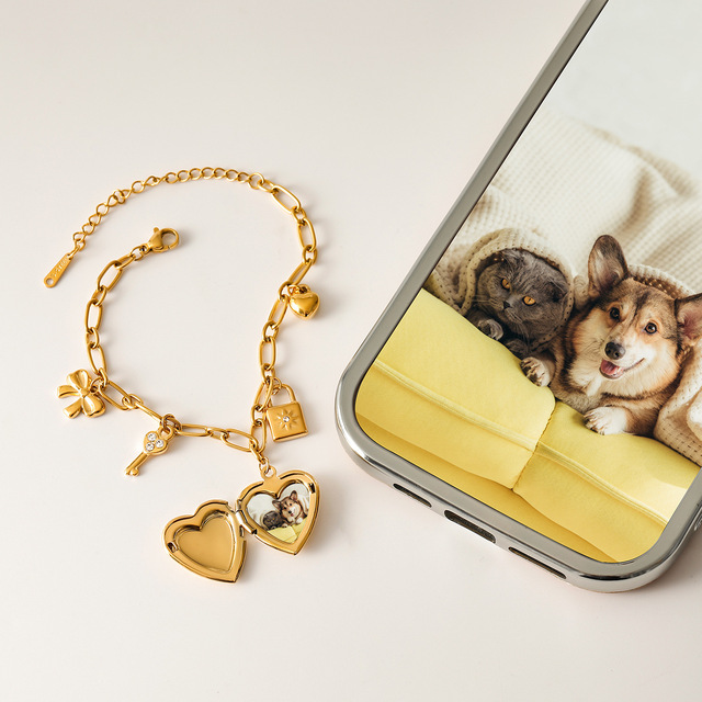 Heart Shape Custom Photo Locket Bracelet 18K Gold PVD Plated Stainless Steel Charm Paperclip Belcher Link Chain Pendant Bracelet