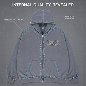 Custom Vintage Washed Blue Zip Up <b>Hoodie</b> <b>Gothic</b> Embroidery Logo Raw Frayed Edge Pearl Stud Decor Oversized Men Punk Streetwear - Product Image 1