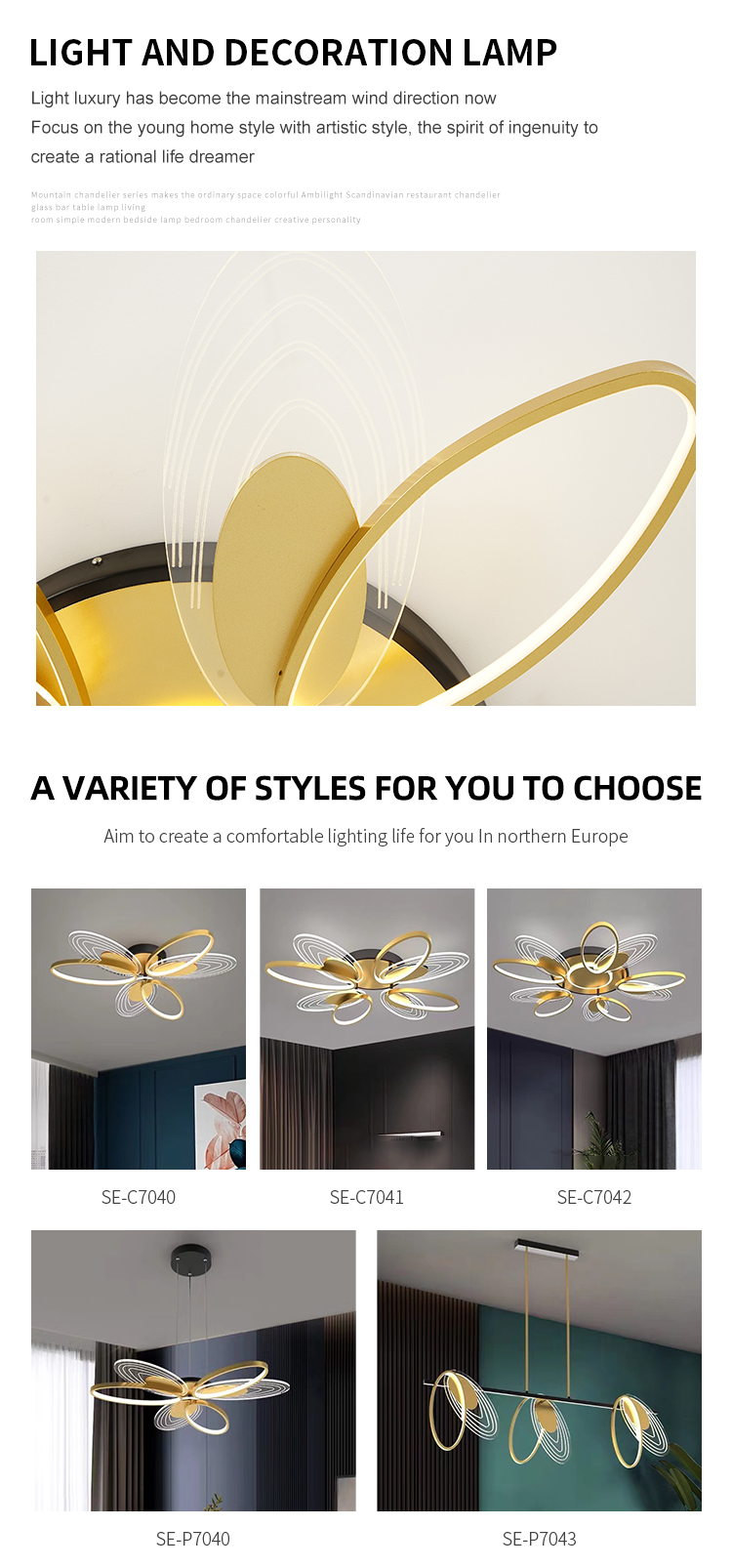 Simple Hanging Indoor Fashion Decoration Gold Black Aluminum Living Room Modern LED Ceiling Light