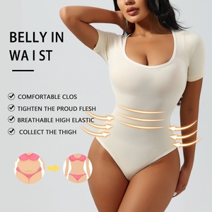 Vente flash : Combinaison sans couture en nylon pour <span class=keywords><strong>femme</strong></span>, haut à manches courtes, col rond, t-shirt <span class=keywords><strong>amincissant</strong></span>, respirant, léger - Product Image 4