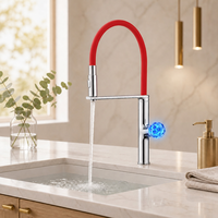 Robinet de cuisine moderne en laiton avec poignée en cristal LED rouge et chromé, rotation à 360 degrés, douchette extractible anti-éclaboussures et aérateur