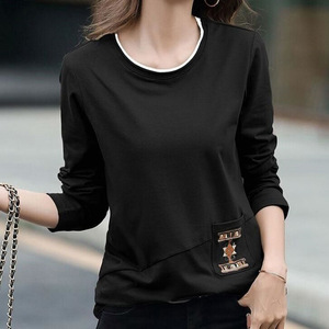 White Long Sleeve T-Shirt With Embroidered Pocket Women's Autumn Casual <b>Top</b> Plus Size <b>Patchwork</b> Base Layer Solid Color - Product Image 4