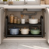 Étagère de rangement sous évier à double niveau, 6 panneaux extensibles, organisateur de cuisine, gain de place réglable, métal noir