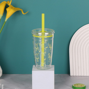 Vaso de una sola capa con pajita de 450 ml, diseño de lazo, pajitas multicolor tipo caramelo para agua, leche, té, café, uso unisex. - Product Image 3