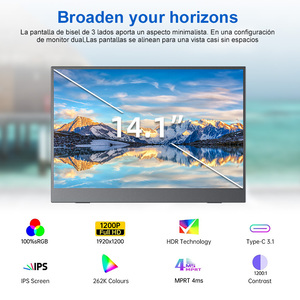 צג נייד Touchvision/OEM בגודל 14.1 אינץ' מסוג IPS LED עם יחס רוחב-גובה 16:<span class=keywords><strong>10</strong></span>, זמן תגובה של 3ms, מסך מגע, רזולוציית Full HD, קצב רענון 60Hz, חיבור Type-C, רמקול מובנה, מתאים למשחקים - Product Image 2