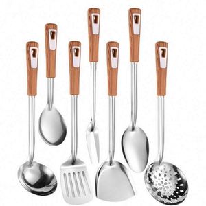 Utensilios de Cocina de Acero Inoxidable, Juego de Cucharas y Espátulas con Mango de PP con Aspecto de Madera, Colador, Utensilios de Cocina para Cocinar - Product Image 1