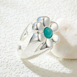 <b>Silver</b> Flower Shaped Open <b>Ring</b> With Turquoise Stone <b>Adjustable</b> Index Finger Jewelry Gift - Product Image 1