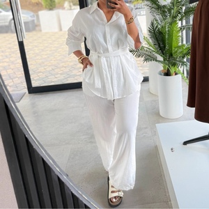 Conjunto de Camisa con Cinturón y Pantalones Anchos para Mujer, Manga Larga, Cierre de Botones, 2 Piezas, a la Moda - Product Image 3