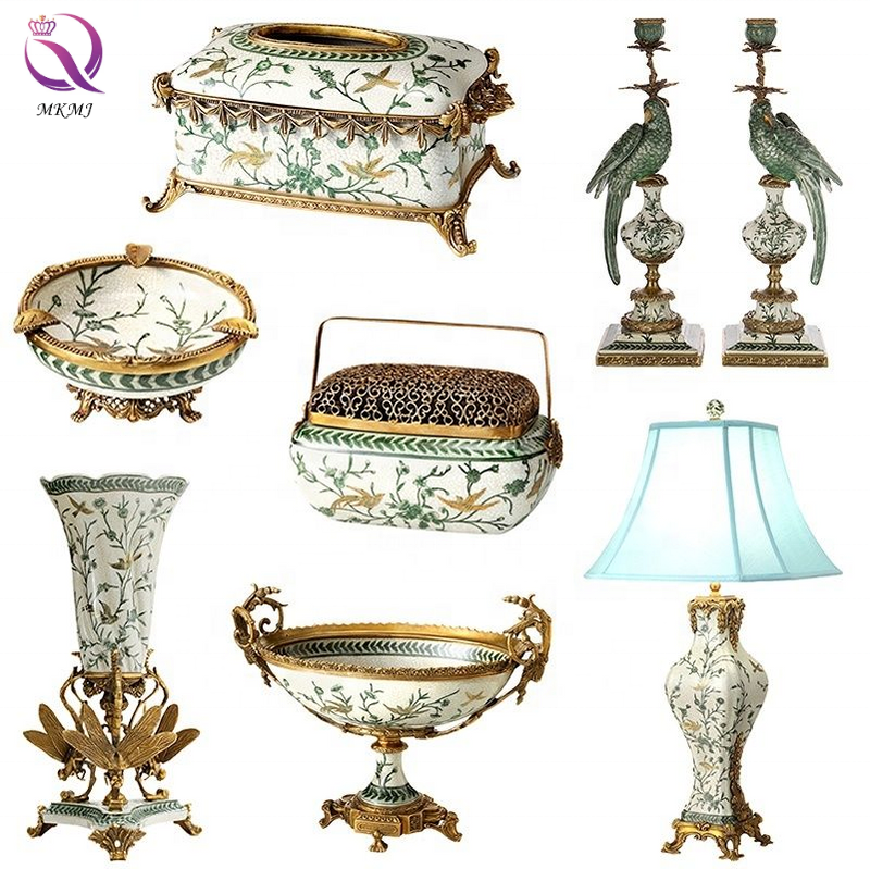 Europeu Americano Cerâmica Com Cobre Indoor Home Decoração Table Lamp Vaso Fruit Bowl Antique Porcelana Tabletop Ornamentos