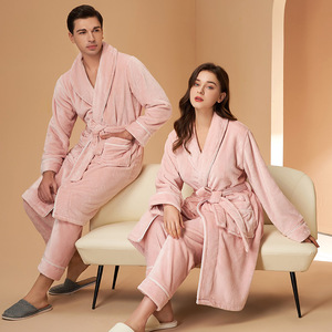 Set Pigiama con Accappatoio in Flanella Foderato in <span class=keywords><strong>Pile</strong></span> per <span class=keywords><strong>Uomo</strong></span> e Donna, Collo a V, Ispessito e Caldo per Primavera e Autunno - Product Image 3