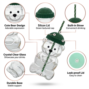 Tazza in Vetro Trasparente con Logo Personalizzato a Forma di Orsacchiotto, con Coperchio per Acqua, <span class=keywords><strong>Caffè</strong></span> e Beanie - Come <span class=keywords><strong>Regalo</strong></span> - Product Image 3