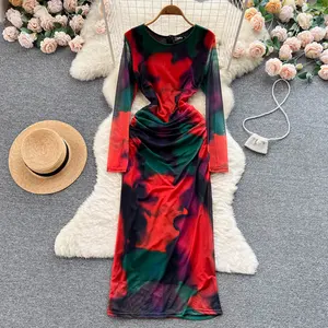 LY9061 Vente en gros 2023 Automne Stylish Chic Tie Dye Print O Neck Long Sleeve Mesh Dress Wholesale Ladies Dresses 9