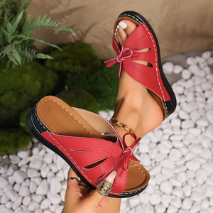 New Summer Open Toe Fish Mouth Hollow Sandals Cross-Border Plus Size Bow Flat Slope Heel Swing Line for Foreign Trade - Product Image 6