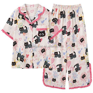 <span class=keywords><strong>Pigiama</strong></span> Estivo da <span class=keywords><strong>Donna</strong></span> 2026 Nuovo con Stampa <span class=keywords><strong>Gatto</strong></span> Nero Carino, Cardigan Casual Comodo con Bordo in Pizzo e Maniche Corte - Product Image 5