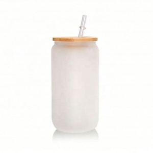 Verre personnalisé transparent dépoli pour sublimation, type bocal Mason ou canette de bière, avec couvercle en bambou et paille - Product Image 3