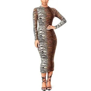 Custom OEM ODM Long Sleeve Animal Print Bodycon Dress African Animal Body Con Print Dresses Women