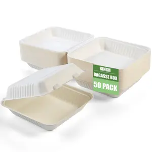 8 x 8inch disposable biodegradable sugarcane fiber bagasse paper pulp Hinged takeaway takeout fast food packaging box