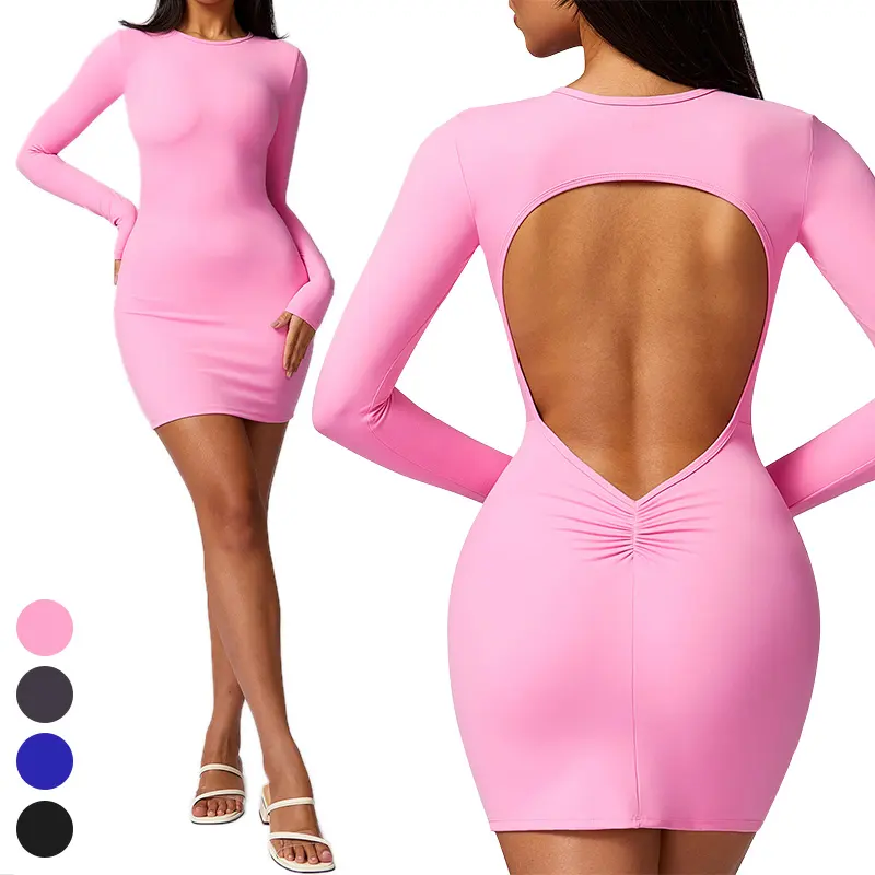 Vestido de ioga bodycon curto para mulheres, vestido justo sem costas de manga comprida com logotipo personalizado, roupa fitness, roupa de treino, bodycon curto, peça única