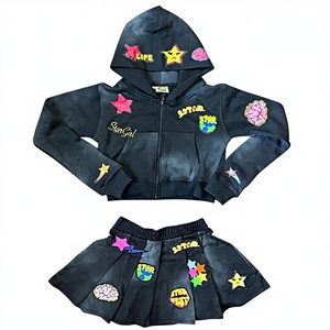 Hottest New Women's Custom 100% Cotton Fleece Crop Zip Hoodie <b>Skirt</b> Above Knee Solid Sporty Two Piece Set - Product Image 1