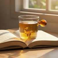 Tasse de boisson réutilisable en verre de conception de dessin animé de sculpture animale 3D faite à la main avec poignée décorative