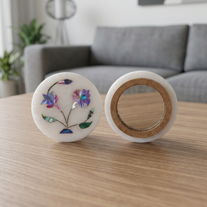 Natural White <b>Marble</b> Handmade Mid Century Modern Lightweight Decorative Small Mirror Semi-Precious Stone Inlay Export Custom - Product Image 1