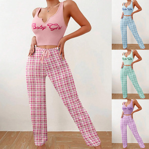BabyGirl European and American Cross-border Home Wear <strong>Vest</strong> Color-block Plaid Trousers Letter Print <strong>Top</strong> Women's Pajamas - Product Image 1