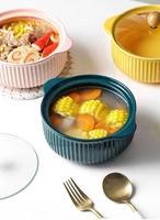 En gros, Bol de cuisson en céramique à double anse avec couvercle, grand format pour usage domestique, pour nouilles, soupe et cuisson