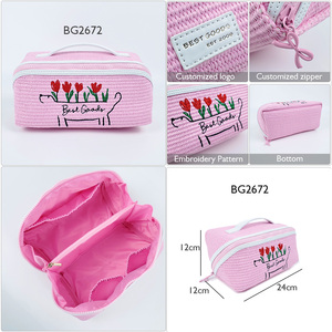 Sinh Thái Thân Thiện Với Rơm Thêu Hoa Du Lịch Cho Túi Mỹ Phẩm Của Phụ Nữ Trang Điểm Túi PU Kim Loại Dây Kéo Kéo Công Suất Lớn Bg - Product Image 3