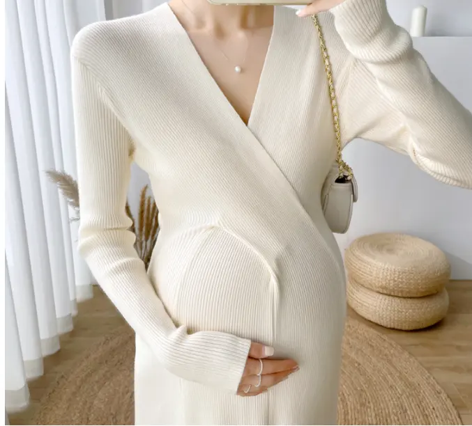 Blara OEM service Custom Label Plain Solid Color Knitted Ribbed Cotton V-neck Pregnant Long Dress Mother Autumn Clothing