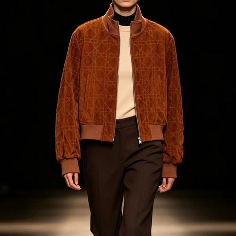 608 Autumn Winter Knitted Spliced Zip up Old Money Vintage Leather Coat Women's Stand Collar Suede Sheepskin Jacket
