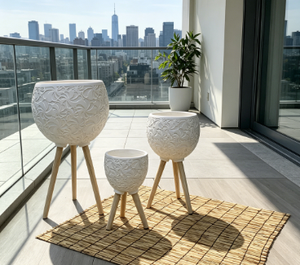 Pots à fleurs en céramique avec pieds en bois, style minimaliste, sculptés à la main, ensemble de 3, pour la maison et l'hôtel - Product Image 3