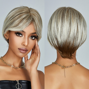 Tóc Vàng Ombre Nâu hỗn hợp sọc ngắn PIXIE <span class=keywords><strong>Bob</strong></span> tóc giả tổng hợp nhiều lớp sợi chịu nhiệt độ cao phong cách ảnh thật - Product Image 1