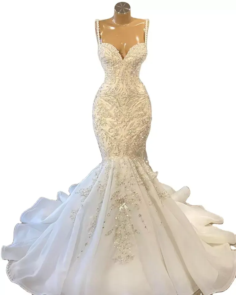 Luxe sirène africaine modeste robes de mariée 2022 perlé broderie Sexy blanc Vintage dentelle Organza robe de mariée