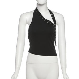 एगी काले असममित हैल्टर टॉप और स्टड शॉर्ट्स सेट महिलाओं के कपड़े 2 टुकड़े शर्ट ब्लाउज और शॉर्ट्स सेट - Product Image 4