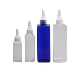 PET plastic cosmetic packaging long nozzle tip cap square bottle 60ml 100ml 250ml