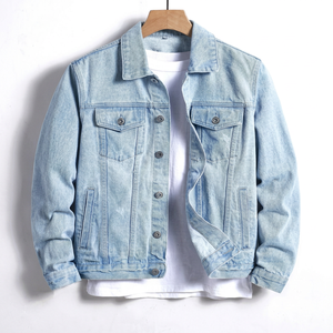 Veste en jean délavé bleu clair pour homme, style décontracté, déchirée, boutonnée, coupe classique, 100 % coton, pour l'hiver, écologique - Product Image 1