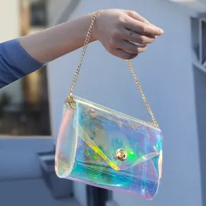 Bolso de hombro transparente a prueba de agua personalizado bolsos de cadena láser holográficos para damas