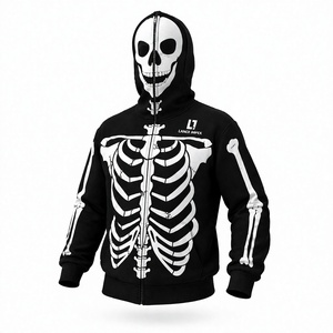 Sudadera con capucha y cremallera unisex con estampado de esqueleto, 100% algodón, diseño de calavera frontal completa, estilo gótico de Halloween, ropa urbana, logotipo personalizado - Product Image 1