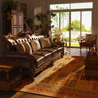 Hochwertiges U-förmiges Dreisitzer-Sofa im amerikanischen Stil aus echtem Leder, Schwamm, vollnarbiges Rindsleder, leichtes Luxusdesign, Kirschholzrahmen